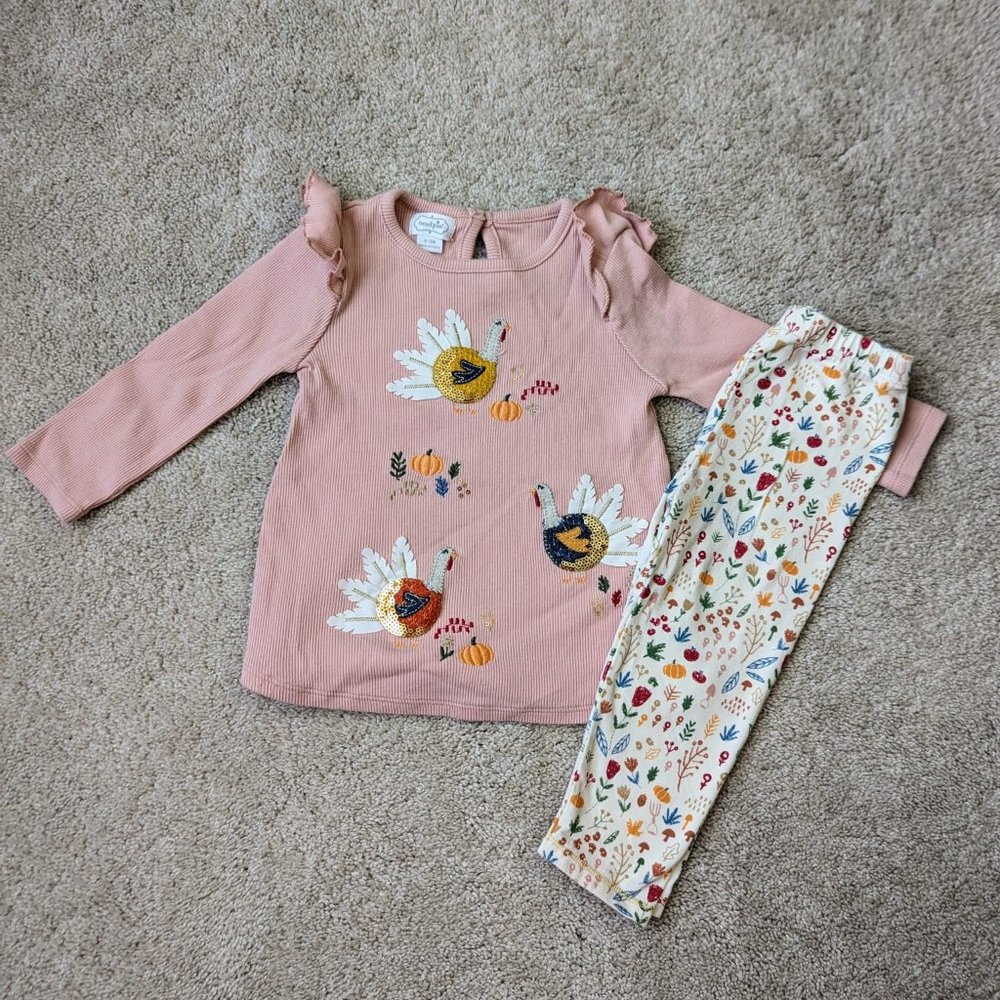 MUD PIE Thanksgiving Turkey Pink Frill Glitter 3D Outfit 9-12 Months